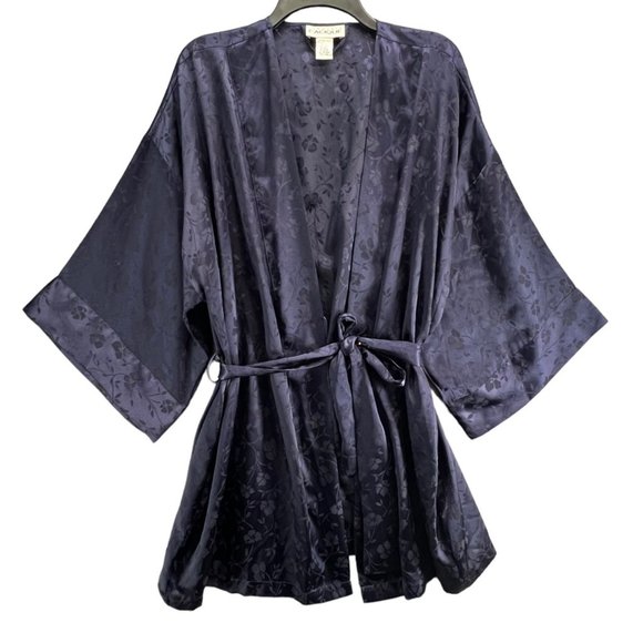 Cacique Other - Cacique Womens Lingerie Satin Floral Kimono Robe Size M-L Blue Wrap Belted 3/4